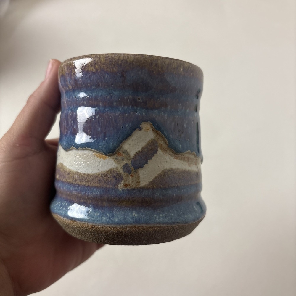 Artist Signed Studio Art Pottery Coffee Mug Blue Brown Beige Purple mountains